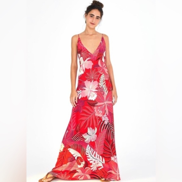 Farm Rio Philipa Maxi Dress size Large Red Tropical Floral Palm Leaf Print Boho - Picture 1 of 14